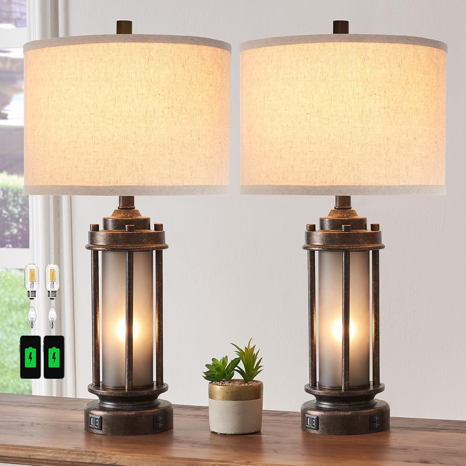 Solar Lamp - リビングルーム用USB充電ポート付きファームハウスランプ2個セット、ナイトライト内蔵の素朴なナイトスタンドテーブルランプ、4個