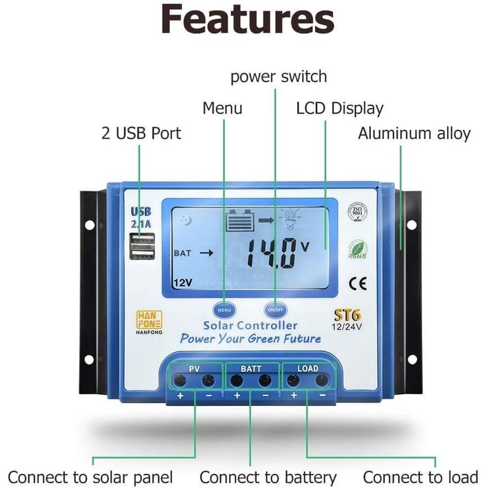 60A ソーラー充電コントローラー 12V/24V 自動電圧 - Solar Panel のレビューと価格